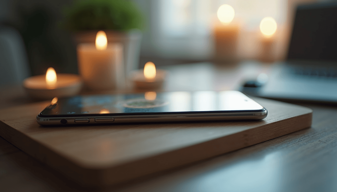 Close-up view of a smartphone displaying a meditation app with calming visuals